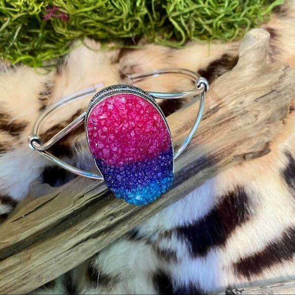 Titanium Druzy Gemstone Sterling Silver Cuff Boho Bracelet - Picture 5 of 7